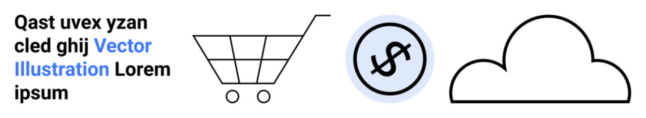 Shopping cart, dollar sign in circular badge, and cloud graphic. Ideal for e-commerce, finance, shopping, digital payment, data storage, online services and simple landing page