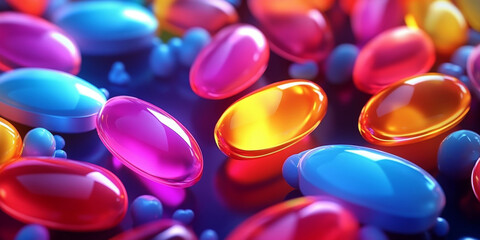 Colorful Glossy Capsules and Pills – Vibrant Pharmaceutical Concept in Macro View