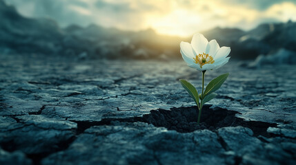 Lone White Flower Emerging in Cracked Earth, Symbolizing Resilience, Hope, and New Beginnings, Inspiring Background, Illustration