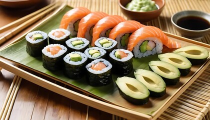A tray of assorted sushi rolls with avocado and salmon on bamboo mat