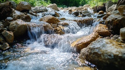 Fototapeta premium Clear mountain stream cascading over rocks. Use Nature background