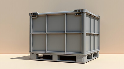 Industrial plastic bulk container on pallet in minimal studio with clean background lighting