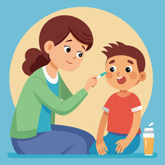 Mother, woman, checking temperature of sick boy, showing concern, treatment