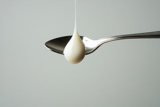 A drop of creamy white liquid hangs from a silver spoon against a light gray background.