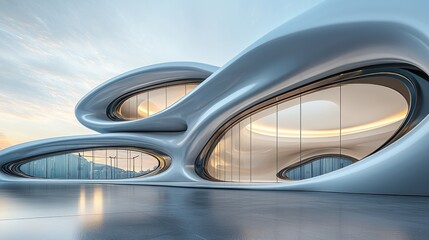 Obraz premium Futuristic, flowing architectural structure with large, oval windows. Modern, smooth design