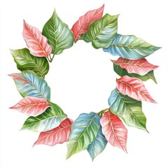 Obraz premium Circular Frame of Colorful Leaves in Vivid Green and Red Tones, Ideal for Nature-Themed Designs, Floral Invitations, or Creative Projects