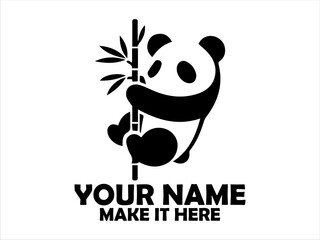 Charming black and white panda cub clinging to a bamboo stalk while playfully reaching for leaves. Cute panda illustration concept, vector panda logo design