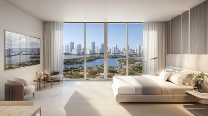 Fototapeta premium Luxurious penthouse bedroom with panoramic city views.