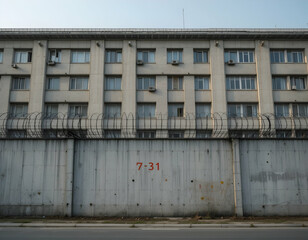 Fototapeta premium Building Exterior Behind Concrete Wall with Barbed Wire in Daytime