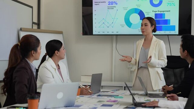 Professional businesswoman presenting data-driven insights on large monitor, sharing key statistics with engaged colleagues during strategic office meeting