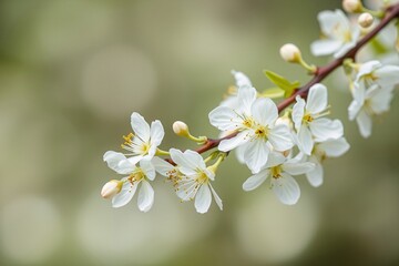 Obraz premium Beautiful White Blossoms on Cherry Tree Branch Against Soft Background