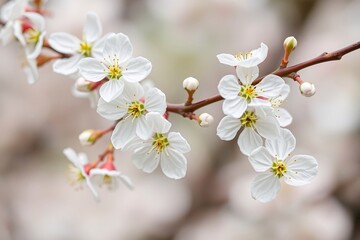 Beautiful White Blossoms on Cherry Tree Branch Against Soft Background