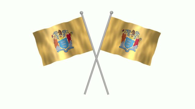 Flag of New Jersey, Cross table flag of New Jersey on white screen, USA States New Jersey 3D Animation flag waving in the wind.