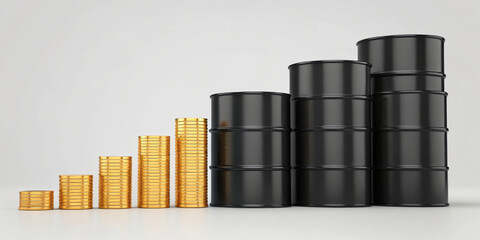Increasing black barrels and golden coins represent financial growth and investment strategies