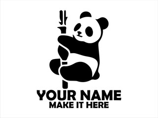 Charming black and white panda cub clinging to a bamboo stalk while playfully reaching for leaves. Cute panda illustration concept, vector panda logo design