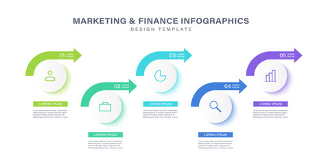 Five steps or options vector infographic template with thin icons and arrows