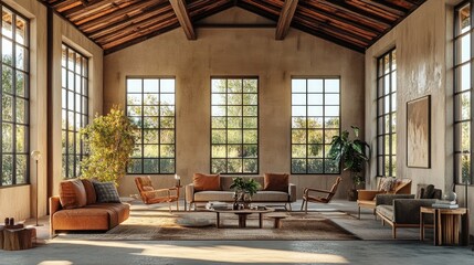 Spacious, rustic industrial-style living area with large windows.