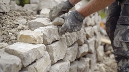 Mason building a stone wall in a garden. Featuring stone masonry