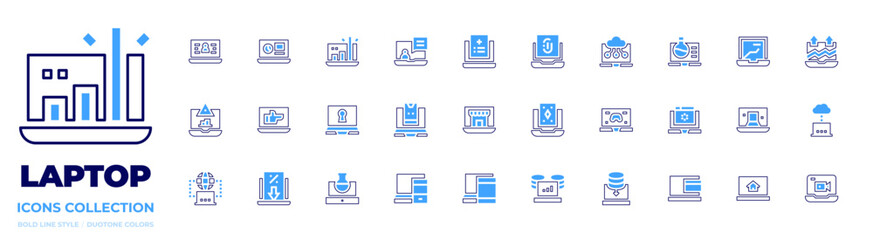 Laptop icon collection. Bold line style. Duotone colors. account, data analytics, profit, online course, risk, rejected, password, authentication, sale