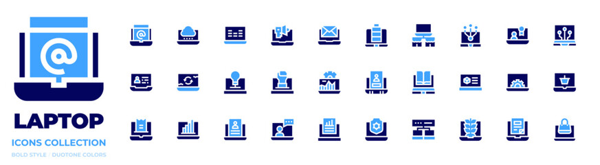 Laptop icon collection. Bold style. Duotone colors. advertising, email, fist, system, consulting, report, interface, cloud computing, recycling, login