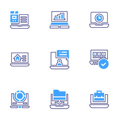 Laptop icon set. Bold line style. Duotone colors. Editable stroke. blogging, laptop, working hours, real estate, speech bubble, usability, results, file transfer