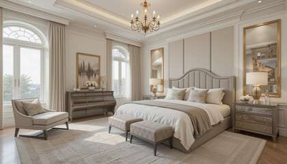 Fototapeta premium Luxury Master Bedroom Suite: A serene and opulent master bedroom suite boasts a king-size bed with plush bedding, elegant furnishings, and large arched windows offering breathtaking views.