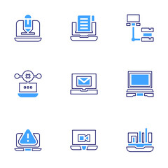 Laptop icon set. Bold line style. Duotone colors. Editable stroke. comment, laptop, network, email, spam, growth