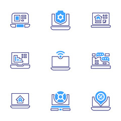 Laptop icon set. Bold line style. Duotone colors. Editable stroke. laptop, insurance, chat