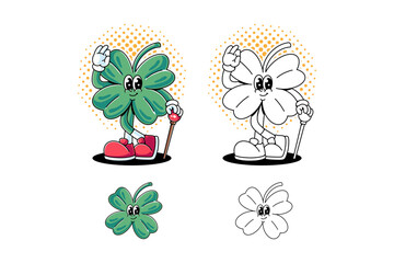 green clover leaf, shamrock retro cartoon character mascot illustration with standing pose, holding stick and showing ok hand for lucky saint patrick's day mascots and merchandise