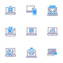 Laptop icon set. Bold line style. Duotone colors. Editable stroke. laptop, writing, usb, hacker, online chat, bar chart, job search