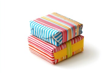 Two colorful striped gift boxes stacked on top of each other, vibrant and festive.