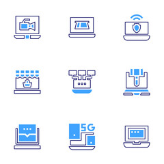 Laptop icon set. Bold line style. Duotone colors. Editable stroke. video, online payment, laptop, online store, local network, auction, comment, devices