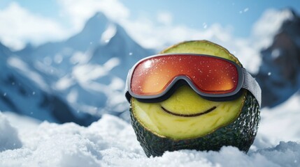 A joyful avocado sporting bright ski goggles smiles amidst a winter wonderland, surrounded by glistening snow and majestic mountains under a clear blue sky
