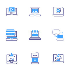 Laptop icon set. Bold line style. Duotone colors. Editable stroke. video player, laptop, electronic vote, online shop, connect, risk, startup