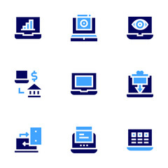 Laptop icon set. Bold style. Duotone colors. laptop, data visualization, online payment, gift, web page