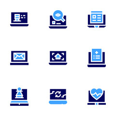Laptop icon set. Bold style. Duotone colors. laptop, observation, letter, report