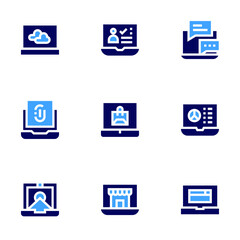 Laptop icon set. Bold style. Duotone colors. laptop, vote, chat, authentication, online shopping
