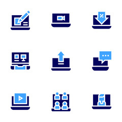 Laptop icon set. Bold style. Duotone colors. web design, laptop, discount, electronics, upload, video tutorial, virtual event, videocall