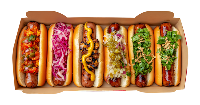 Variety of hot dogs with colorful toppings in a takeout box, top view illustration style