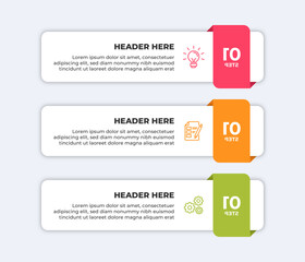 Three horizontal white boxes with colorful tabs and text that says header here.