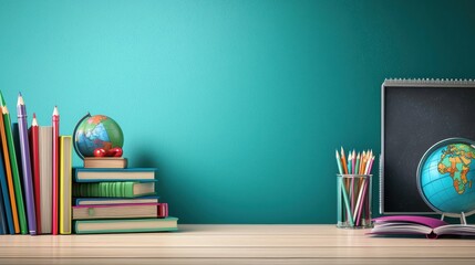 A collection of school icons including books, pencils, a globe, and a chalkboard, arranged neatly on a wooden desk.