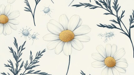 Obraz premium Floral pattern with daisies and leaves, seamless background, artistic illustration, decorative design, for use in prints, fabrics, or digital products