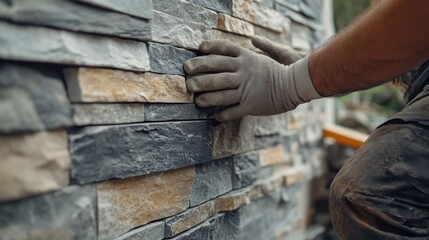 Mason installing decorative stone veneer on a house exterior. Featuring craftsmanship and aesthetics