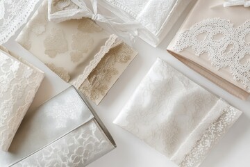 Elegant beige and white lace-embellished pouches and boxes, perfect for wedding favors or gifts.