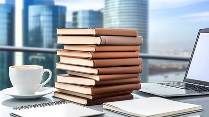 Fototapeta premium A group of textbooks stacked on a desk next to a laptop, notebook, and a cup of coffee in a modern workspace.