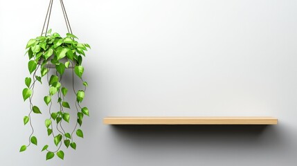 A hanging planter with a cascading house plant, such as ivy or pothos, draping over a modern wall-mounted shelf with minimalist decor.