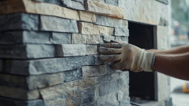 Mason installing stone veneer on a fireplace in a living room. Featuring stonework and decorative interior design