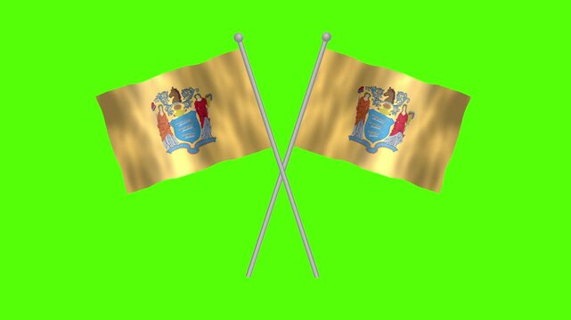 Flag of New Jersey, Cross table flag of New Jersey on Green screen chroma key, USA States New Jersey 3D Animation flag waving in the wind.