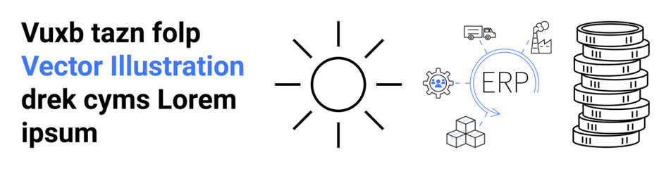 Sun, coin stacks, ERP system diagram, and logistics icons. Ideal for energy saving, finance, business process, technology, logistics renewable resources simple landing page