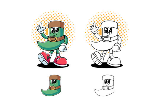 leprechaun green boots retro cartoon character mascot illustration with standing pose and showing pointing finger for lucky saint patrick's day mascots and merchandise - Powered by Adobe